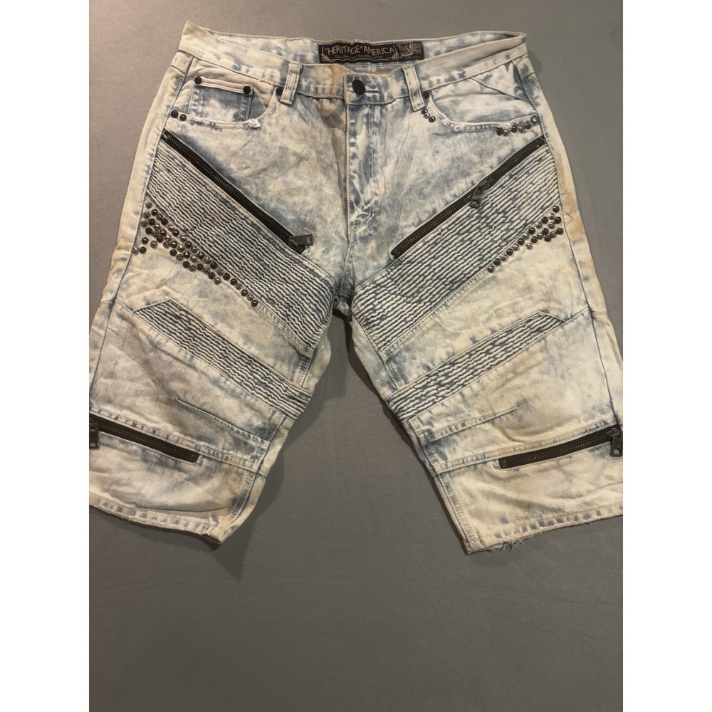Heritage America Mens 38 Distressed Zipper Blue Denim Shorts Moto Grunge
